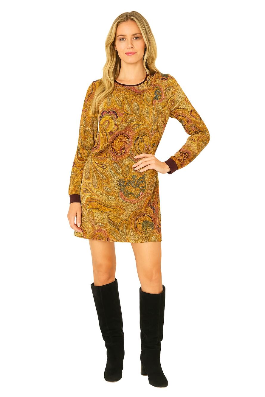 Etcetera Women S Paisley Print Mini Dress Silk-Lined Long Sleeve Ornate Boho EUC